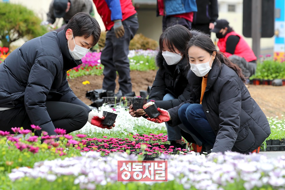 2일 오전 성동구 왕십리광장에서 성동구청 공원녹지과 직원들이 봄을 맞아 꽃 식재 작업을 하고 있다.